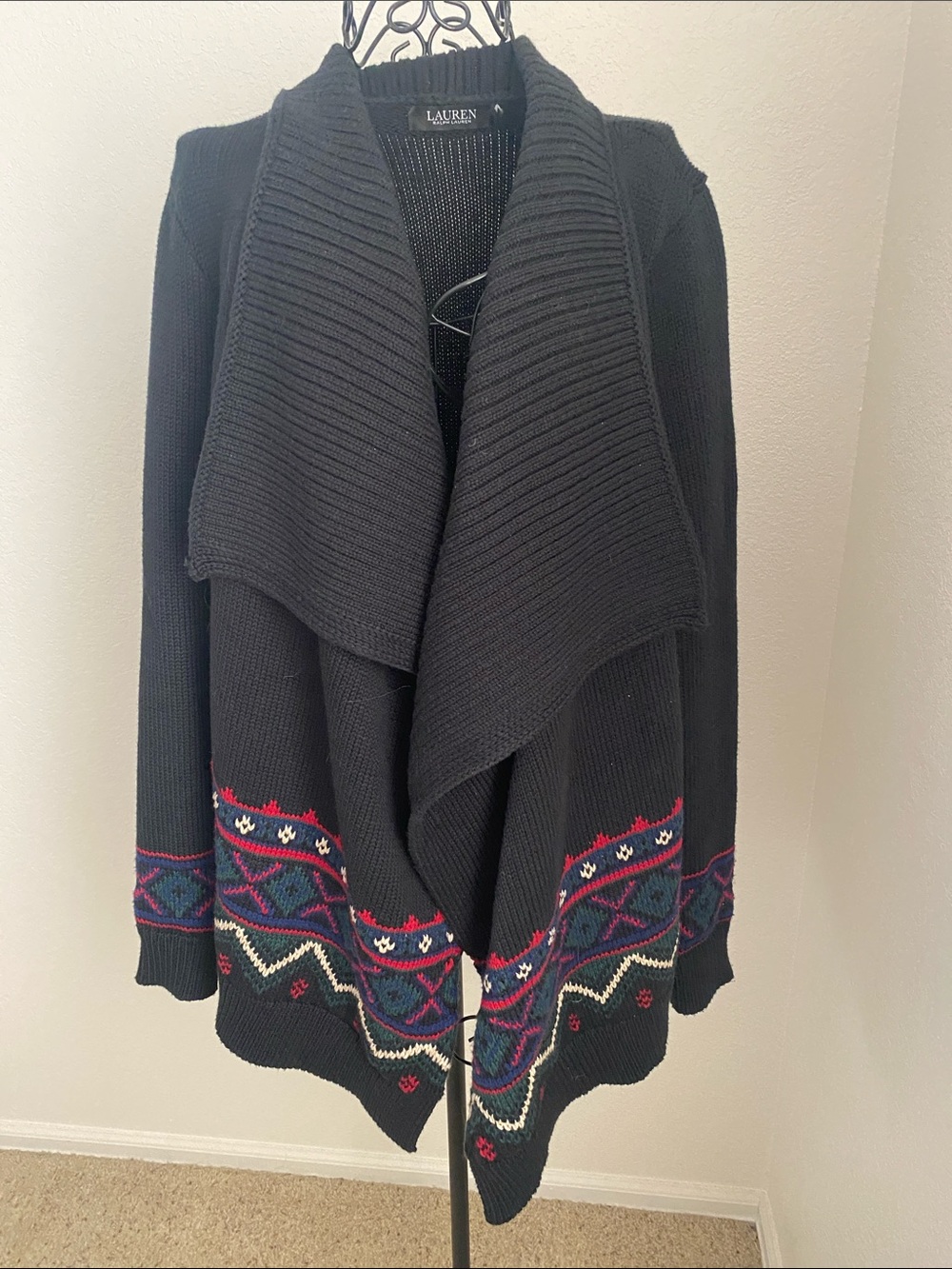 Lauren Ralph Lauren Black Label Black Open-Front Cardigan with Multicolor Trim
